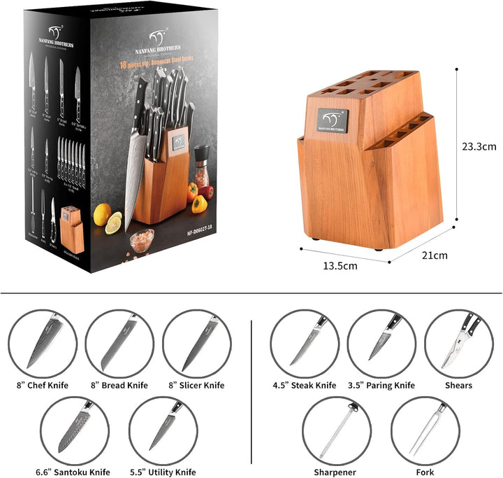 NANFANG BROTHERS Messersets Damast-Küchenmesser Messerset Mit Block,18pcs japanisches Profi-Küchenme