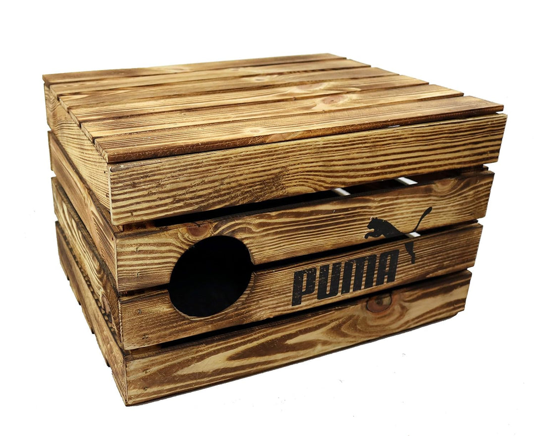 Rustikale Katzentruhe aus Holz Katzenhöhle in Obstkisten Design Katzenkorb mit Deckel für Katzen Kat