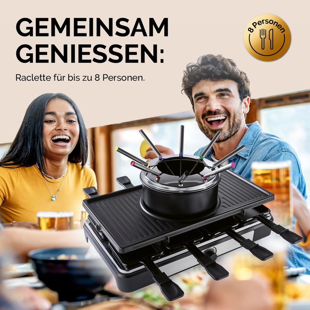 GOURMETmaxx 2-in-1 Raclette mit Fondue | Raclette Set 8 Personen – ideal als Partygrill | Raclette-F