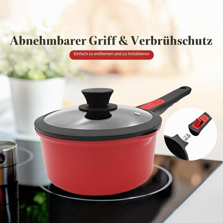 Bobikuke Kasserolle 16cm mit Deckel, 1.5L Antihaft-Stielkasserolle mit Abnehmbarer Griff, Milchtopf