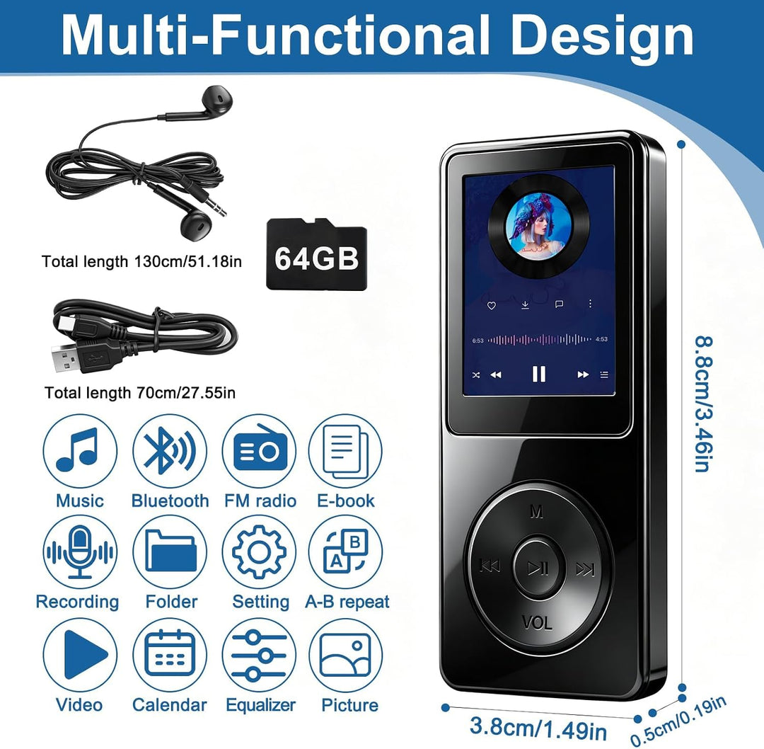 64GB MP3 Player Bluetooth 5.3 mit 1.8" TFT Farbbildschirm HiFi Musik Kinder MP3-Player mit Lautsprec