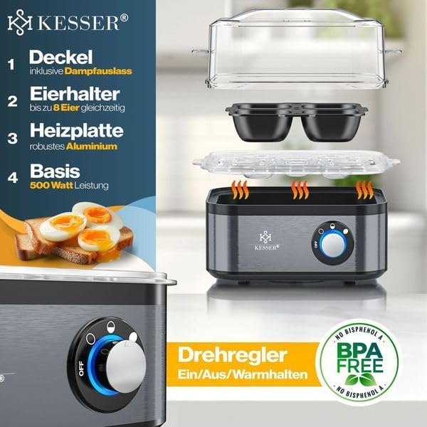 KESSER® Eierkocher für 1 bis 8 Eier elektrisch aus Edelstahl 500W & Warmhaltefunktion | LED-Drehscha