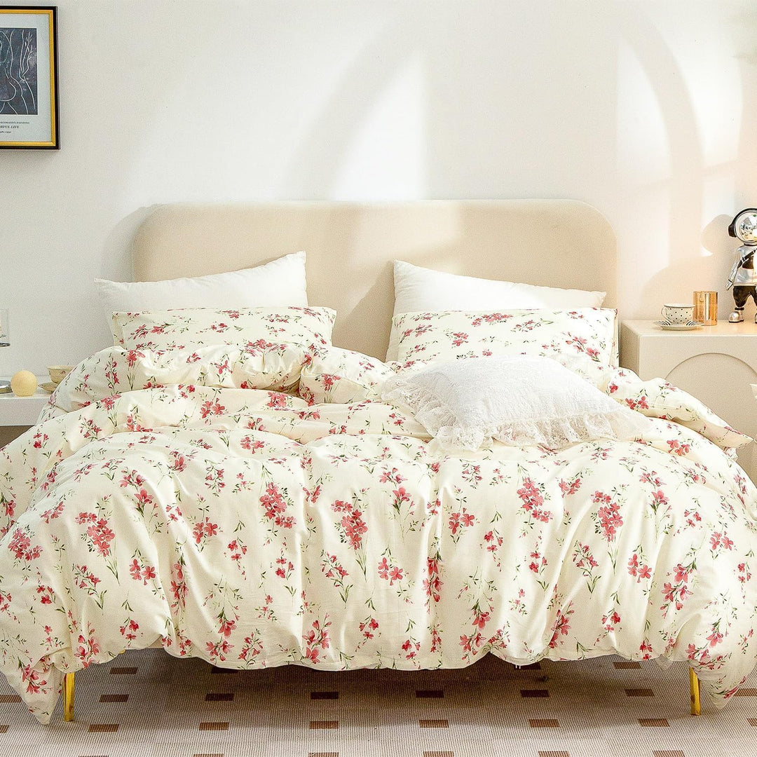 Freyamy Blumen Bettwäsche 135x200cm 2teilig Beige Rosa Blätter Pflanzen Floral Wendbar Bettwaren-Set
