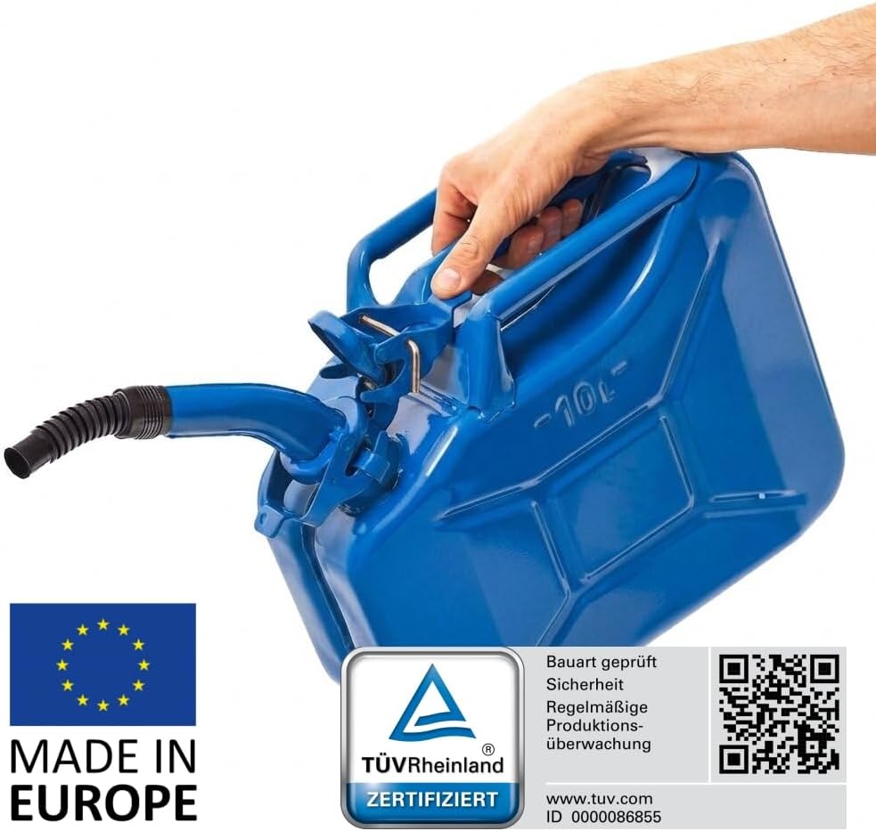 Oxid7® by BW Benzinkanister Metall 10 Liter mit Ausgiesser - Kraftstoffkanister Blau RAL 5005 - TÜV-