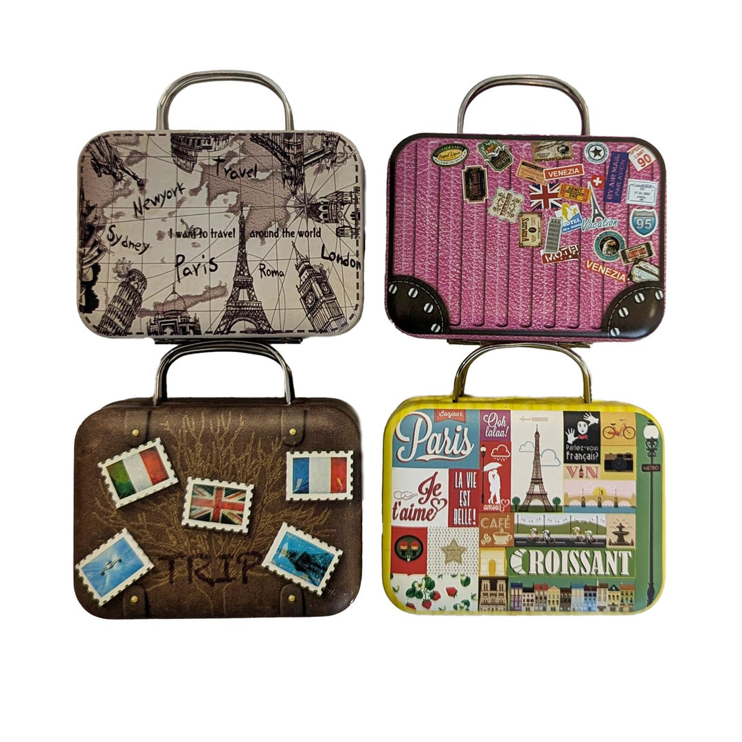 4er Set Blechdose Kleine Reise-Koffer, für Schokolade Pralinen Mitgebsel, Masse: 7,5 x 5,5 x 3,5 cm.