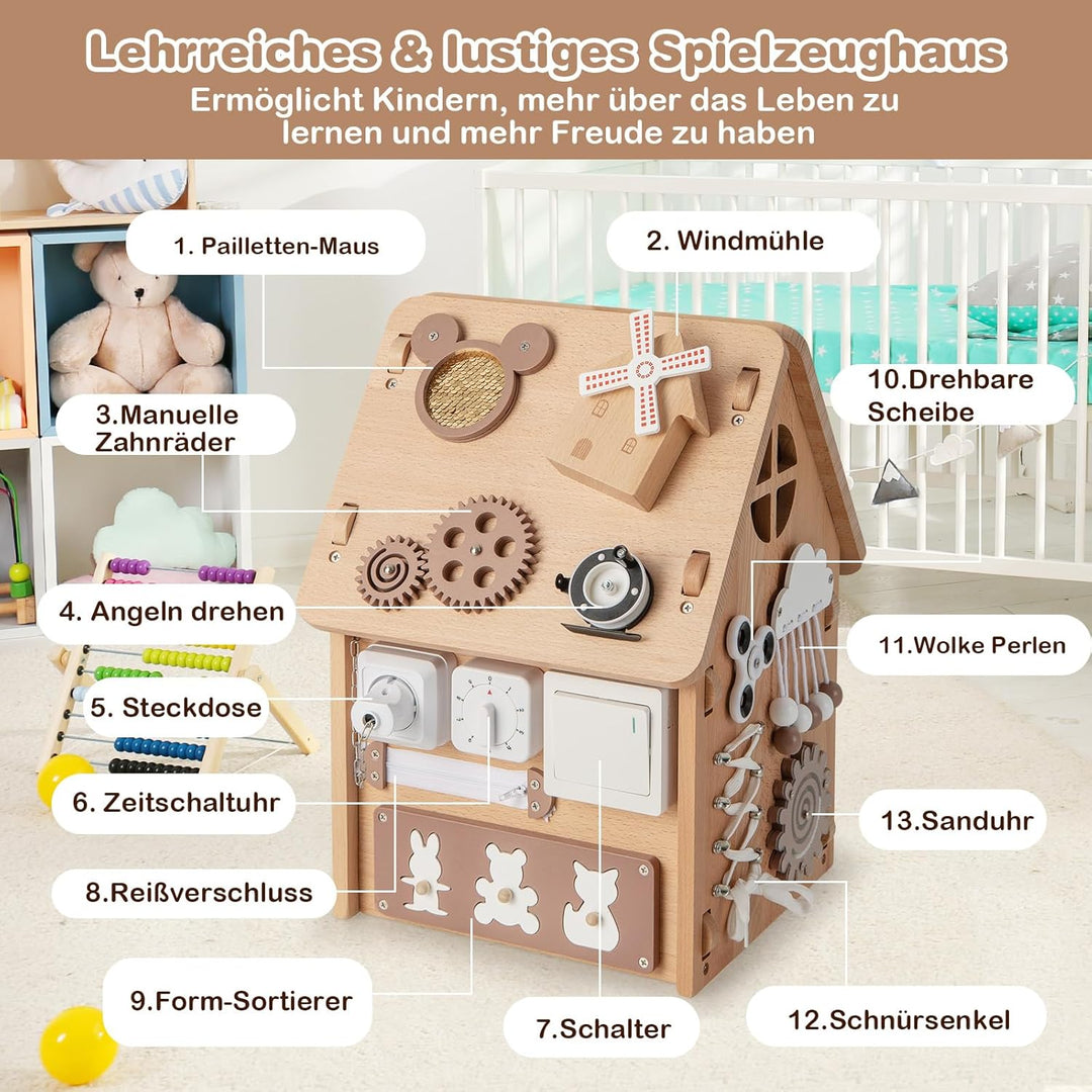 COSTWAY Kinder Spielhaus aus Holz, sensorisches Spielzeughaus mit Sinnesspielen & Stauraum im Innere