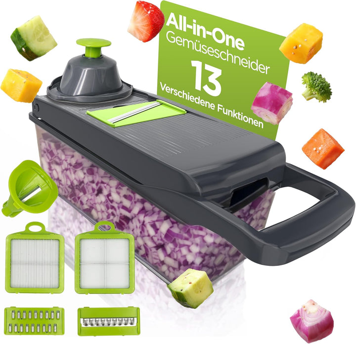 Gemüseschneider Multifunktion 13-in-1 mit Auffangbehälter, Mandoline Hobel, Zwiebelschneider, Würfel