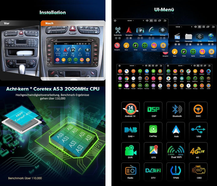 Erisin Acht Kern Android 14 DAB+ Autoradio 4GB+64GB Für Mercedes Benz C Klasse W203 CLK W209 G/A Kla