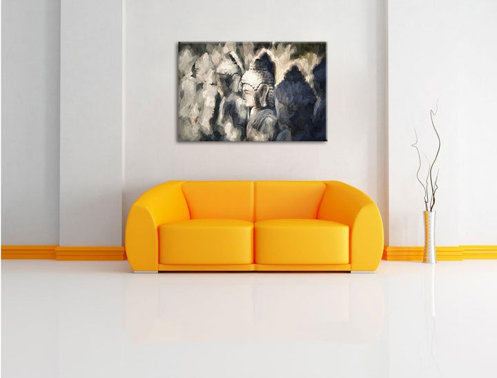 Pixxprint Buddha-Statuen in Einer Reihe / 100x70cm Leinwandbild bespannt auf Holzrahmen/Wandbild Kun