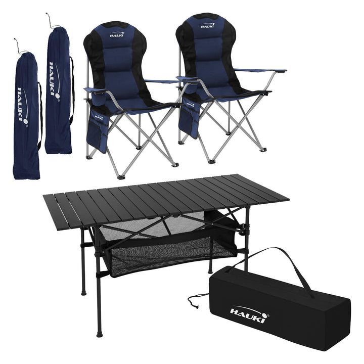 Hauki Campingmöbel Set 3tlg., Campingtisch faltbar Schwarz mit 2 Campingstühlen Blau, Camping-Set fü