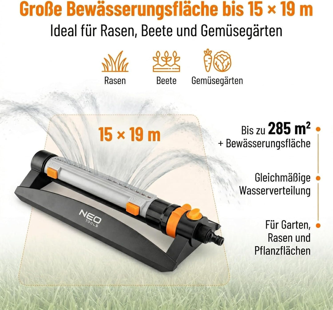 NEO TOOLS Viereckregner Oszillierend, Rasensprenger 15x19m bis 285 m2 Reichweite, 18 Auslassdüsen, E
