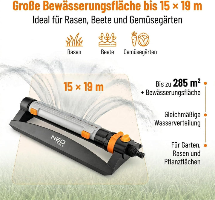 NEO TOOLS Viereckregner Oszillierend, Rasensprenger 15x19m bis 285 m2 Reichweite, 18 Auslassdüsen, E