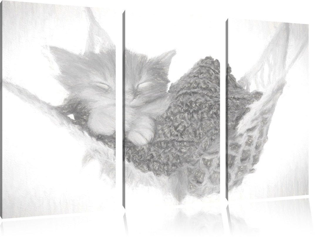 Pixxprint Schlafendes Katzenbaby in Hängematte Kohle Zeichnung Effekt 3-Teiler Leinwandbild 120x80 B