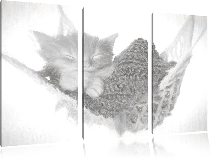 Pixxprint Schlafendes Katzenbaby in Hängematte Kohle Zeichnung Effekt 3-Teiler Leinwandbild 120x80 B