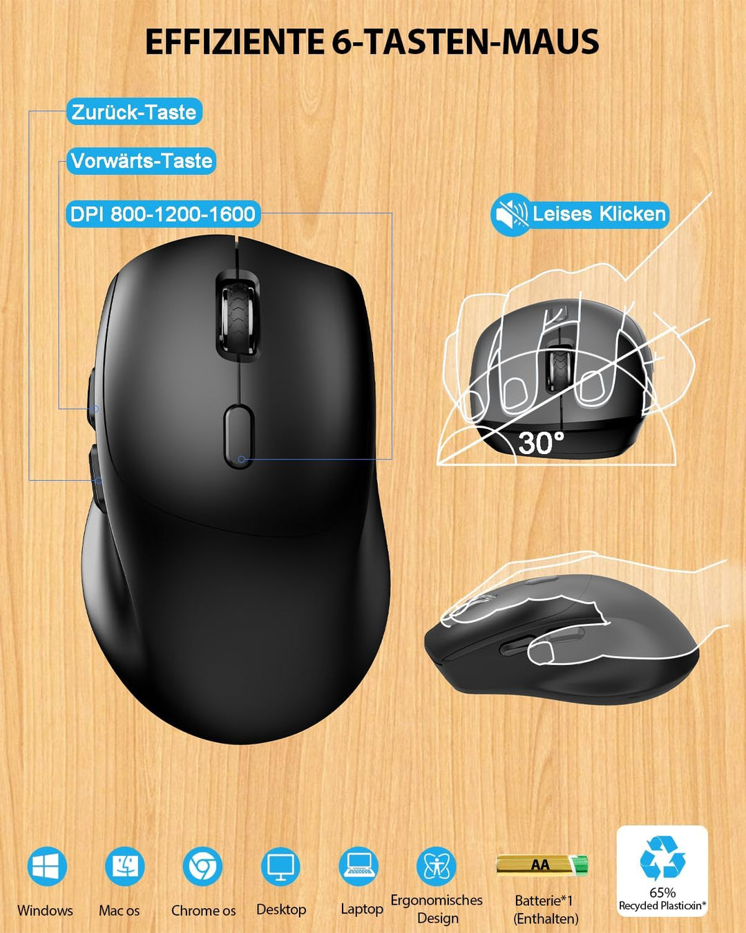 Tastatur Maus Set kabellos, Handballenauflage, Telefonhalter, Akku im Lieferumfang enthalten, 2.4G k