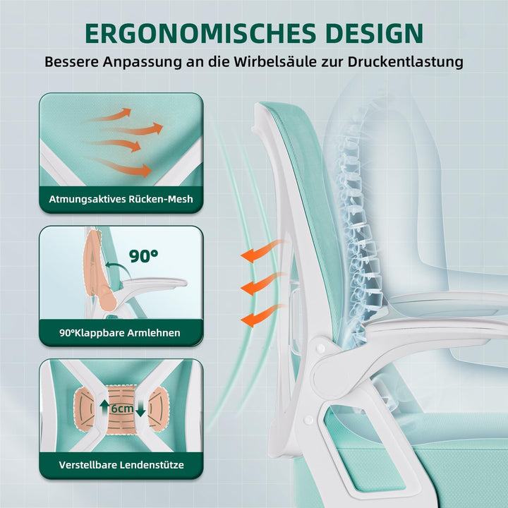 Airchros Bürostuhl mit Hochklappbaren Armlehnen, Bürostuhl Ergonomisch mit Einstellbarer Lendenstütz