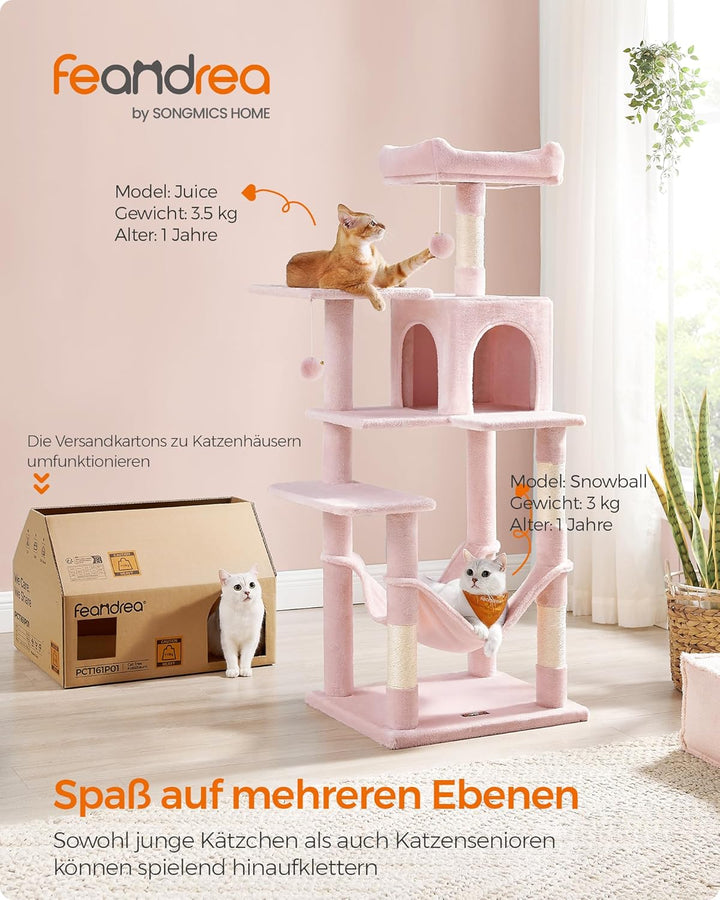 Feandrea Kratzbaum, 143 cm hoch, Katzenbaum, mehrstöckiges Katzenhaus, mit 4 Kratzsäulen, 2 Plattfor