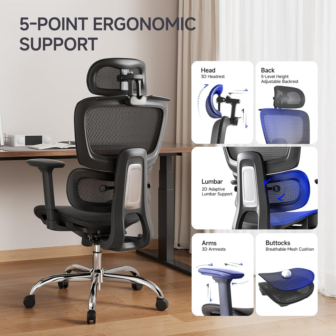 Ergonomischer Bürostuhl Schreibtischstuhl, Netzstoff Drehstuhl mit 2D-Lendenwirbelstütze & 3D-Kopfst