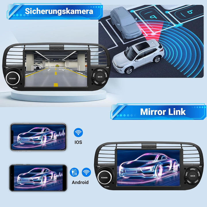 ESSGOO 4+64G Wireless Autoradio Android 14 mit Carplay und Android Auto Für FIAT 500 2007-2015 mit 7