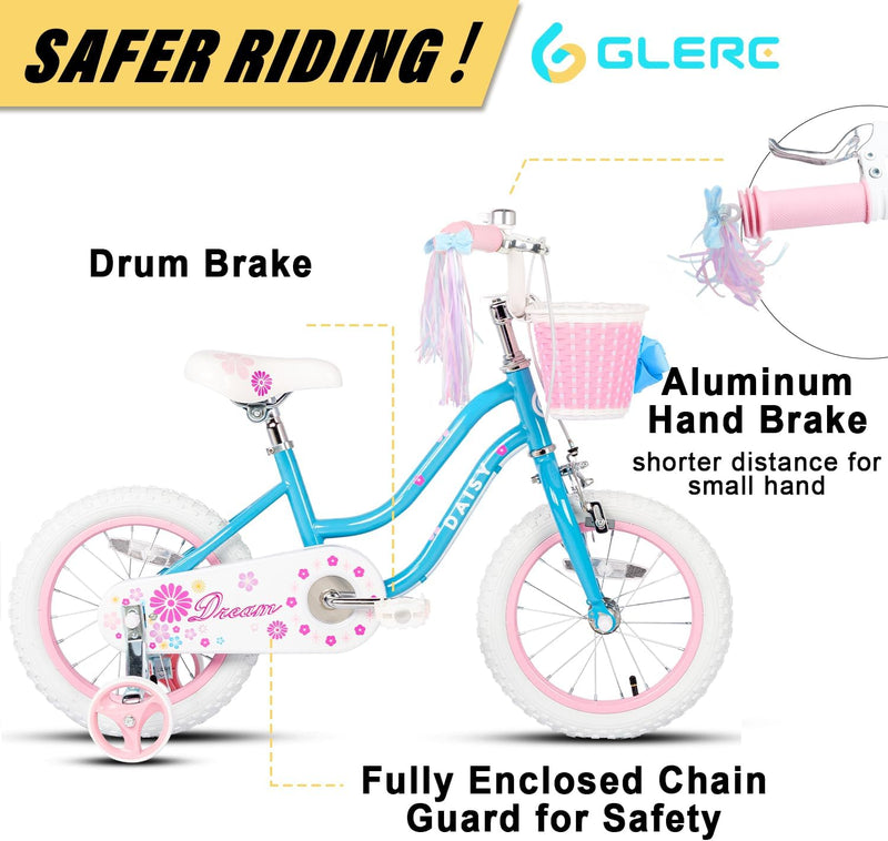 Glerc Kinderfahrrad 12/14/16 Zoll für 2-7 Jahre Mädchen Fahrrad mit Korb, Luftschlangen, Stützräder