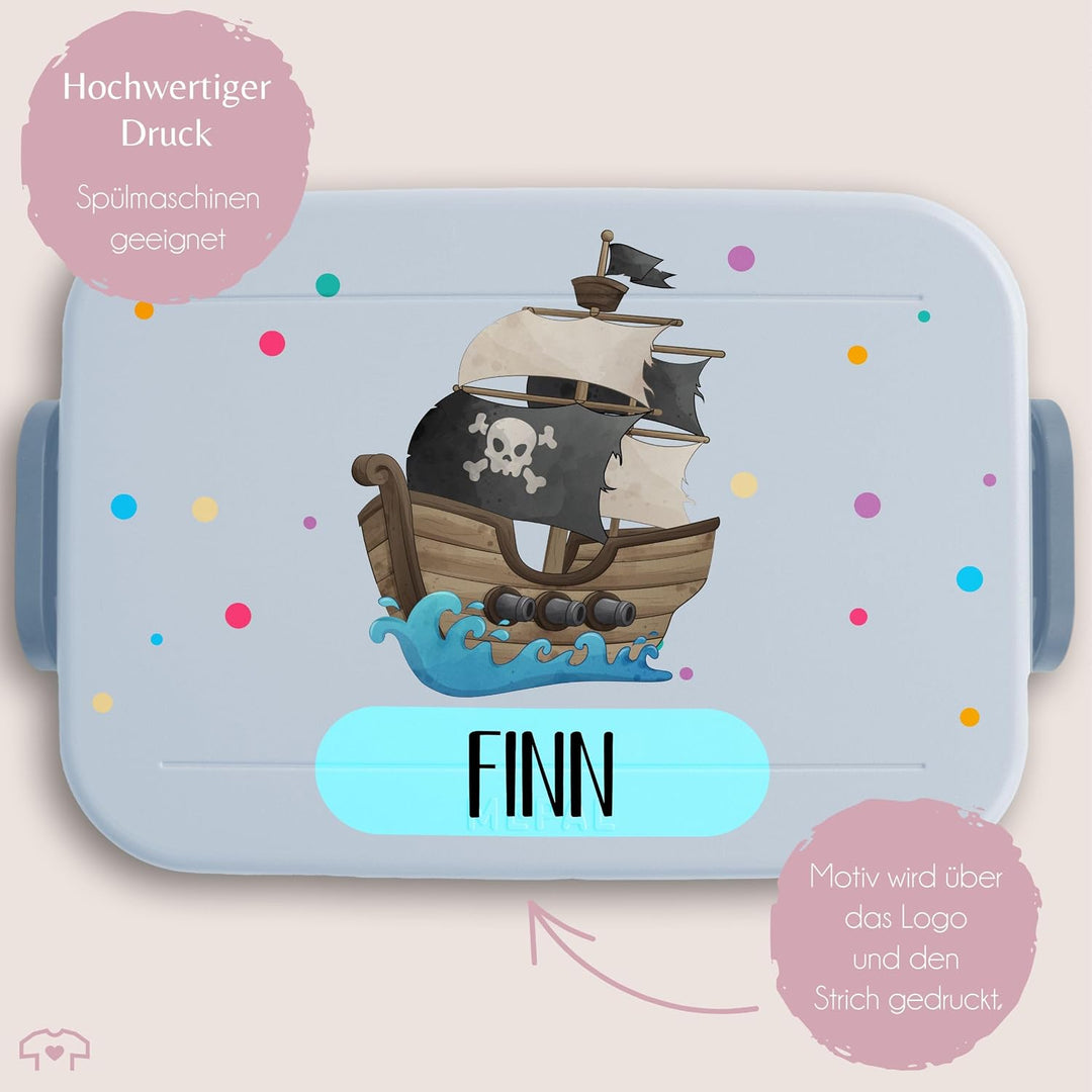 Shirtracer Mepal Lunchbox Kinder personalisiert Piratenschiff mit Name 3 Hellblau, 3 Hellblau