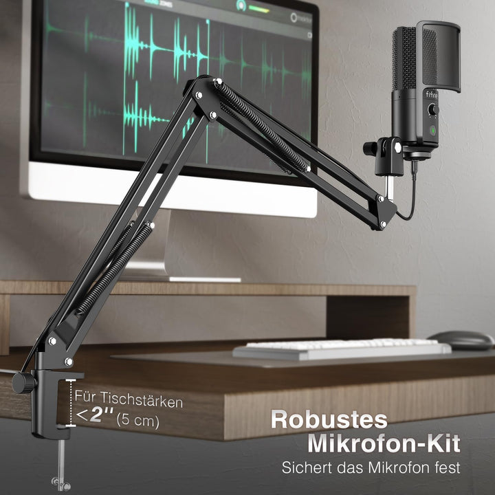 FIFINE USB Microphone Kit with Mute Button, Podcast Microphone with Boom Arm Stand for PC Computer,