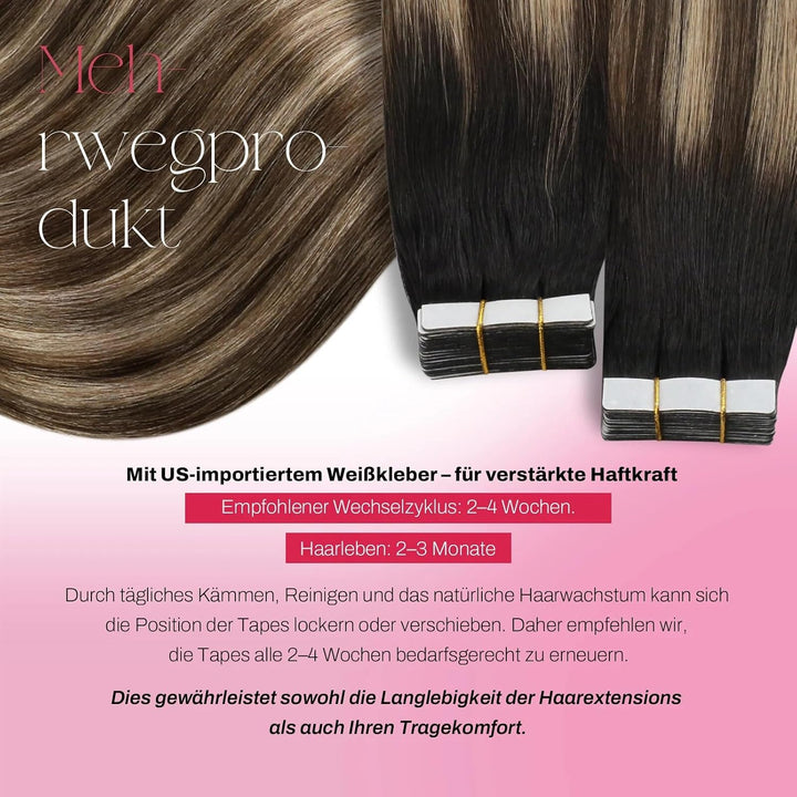 Moresoo Unsichtbare Tape Extensions Echthaar Dunkelbraune Hair Extensions Tape in 45 cm Schwarz bis