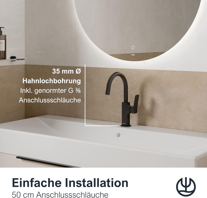 KLUDI-X3 Waschtischarmatur, 360° schwenkbar, Auslaufhöhe 180 mm, wassersparender Wasserhahn Bad Schw