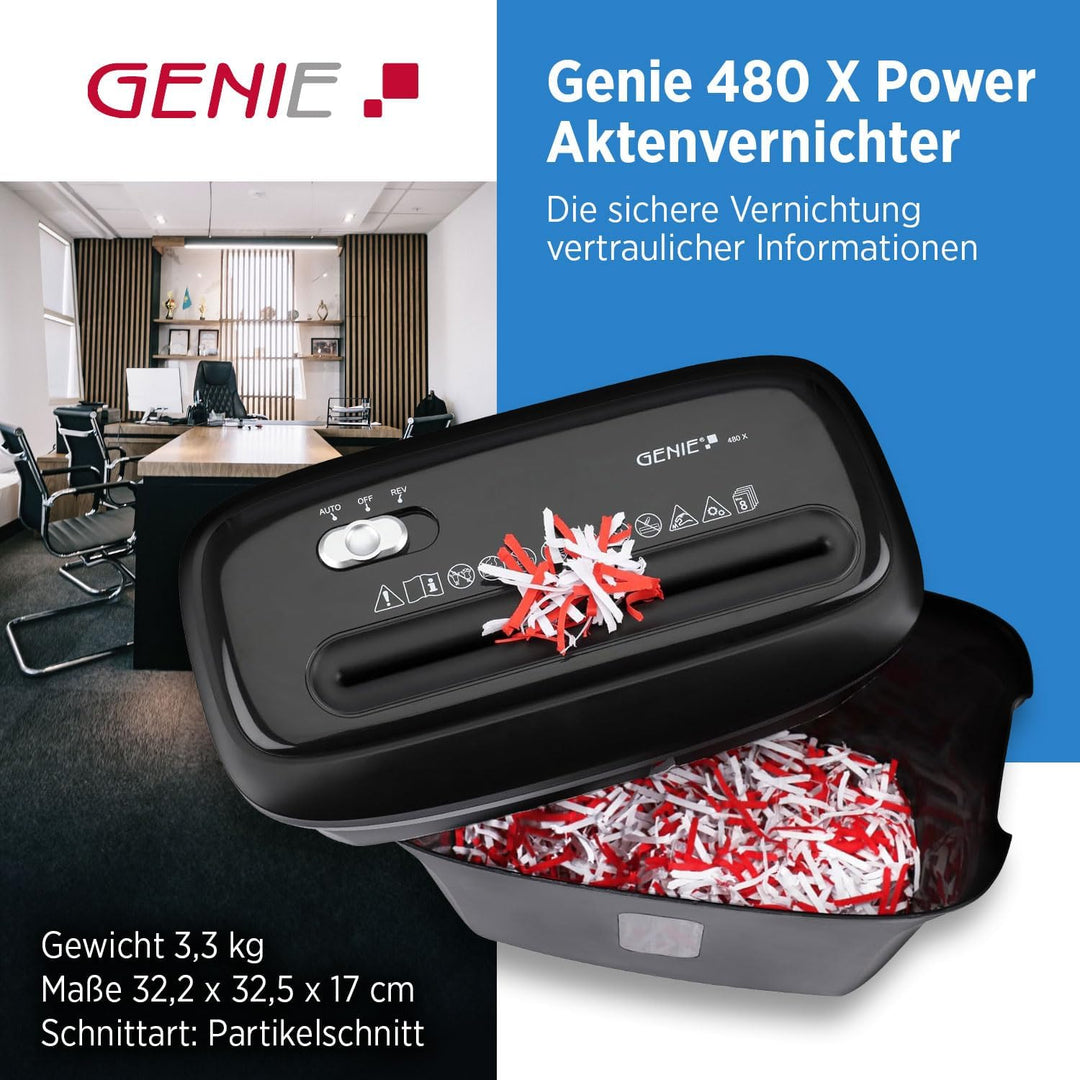 Genie 480X Aktenvernichter Shredder | Papierschredder 8 Blatt Partikelschnitt | Sicherheitsstufe P-4