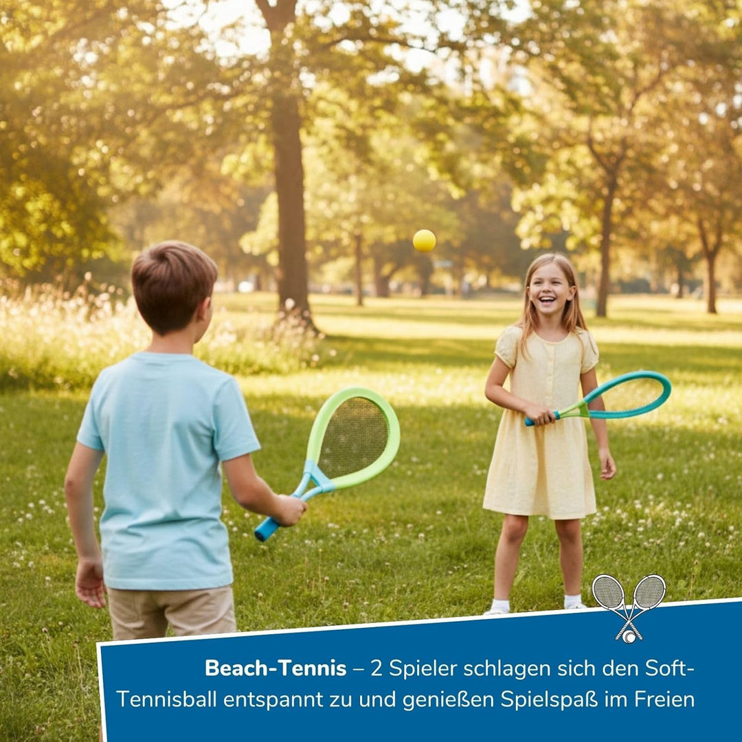 alldoro 68714 Beachball-Set 4in1, XL-Federball, XL-Soft-Tennis, Beachball &amp; Wurfscheibe, wetterfeste