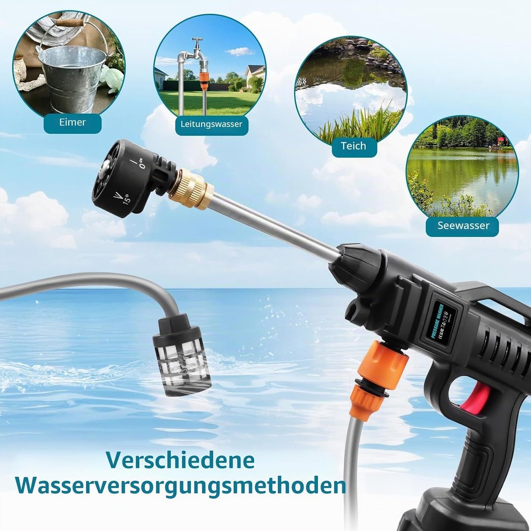 Kabelloser Hochdruckreiniger 21V 62 Bar 3000W Tragbar - Mit Akku, Ladegerät, 6-in-1 Verstellbarer Dü