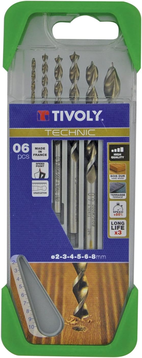 Tivoly Bohrer G13 – Pack von 5 Für Holz, Hohe Leistung, Durchmesser 2, 3, 4, 5, 6, 8 mm)