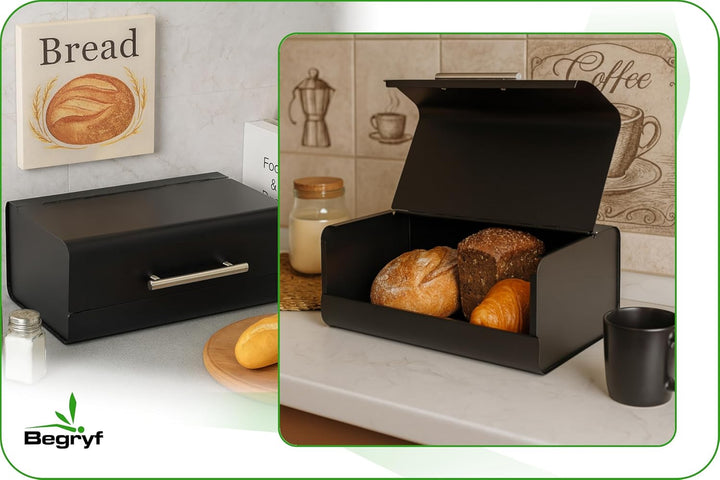 Metall-Brotkasten 36 cm, schwarzer Brotkasten mit Klappdeckel und Edelstahlgriff, kompakte Brotbox f