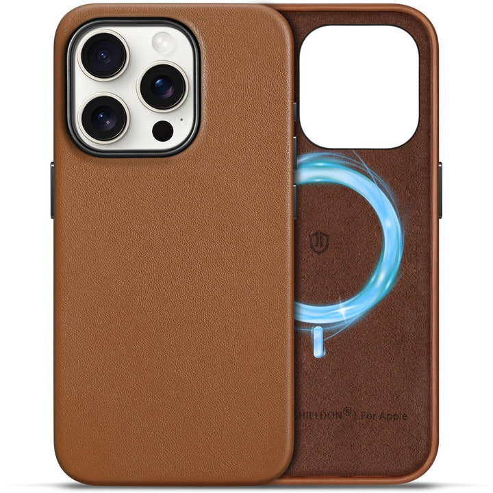SHIELDON Hülle für iPhone 15 Pro Handyhülle Case [Echtleder] [Kabellos Laden] [Magnet] [Ultra Dünn]