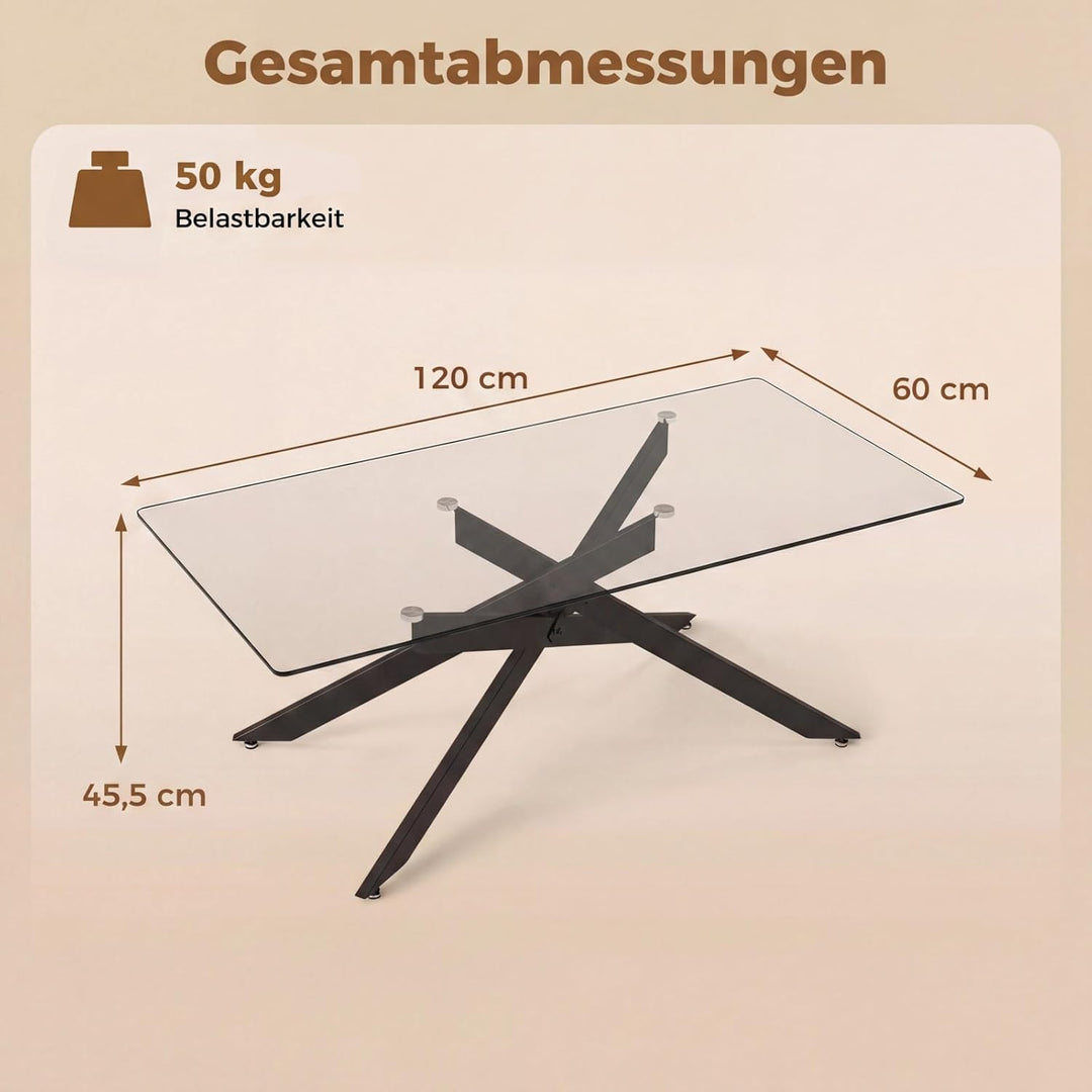 COSTWAY Couchtisch aus gehärtetem Glas, rechteckiger Glastisch mit Metall-Rohrrahmen, Wohnzimmertisc
