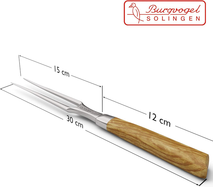Burgvogel Solingen Fleischgabel 15 cm geschmiedet Olivenholz, Oliva Line, Grillgabel rostfrei, Wurst