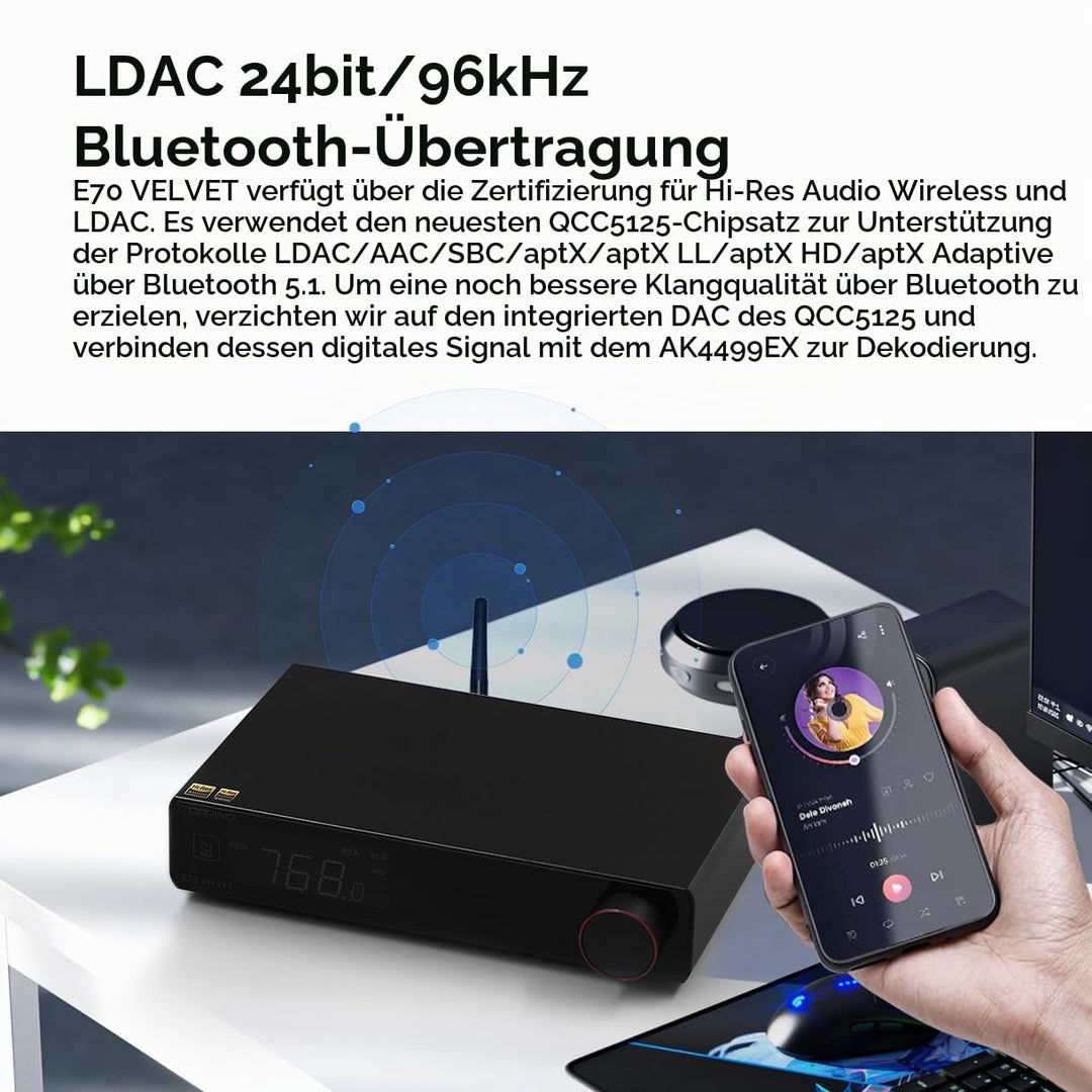 TOPPING E70 Velvet Samt Vollsymmetrischer DAC AK4499EX XMOS XU316 DSD512 32Bit/768kHz Decoder Blueto