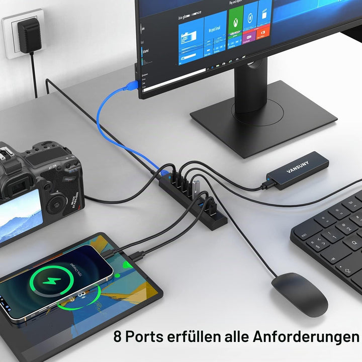 USB Hub 3.0 mit Netzteil, 8 Ports Vansuny USB Hub Aktiv 3.0 mit netzteil 36W, Ultraschnelle Übertrag