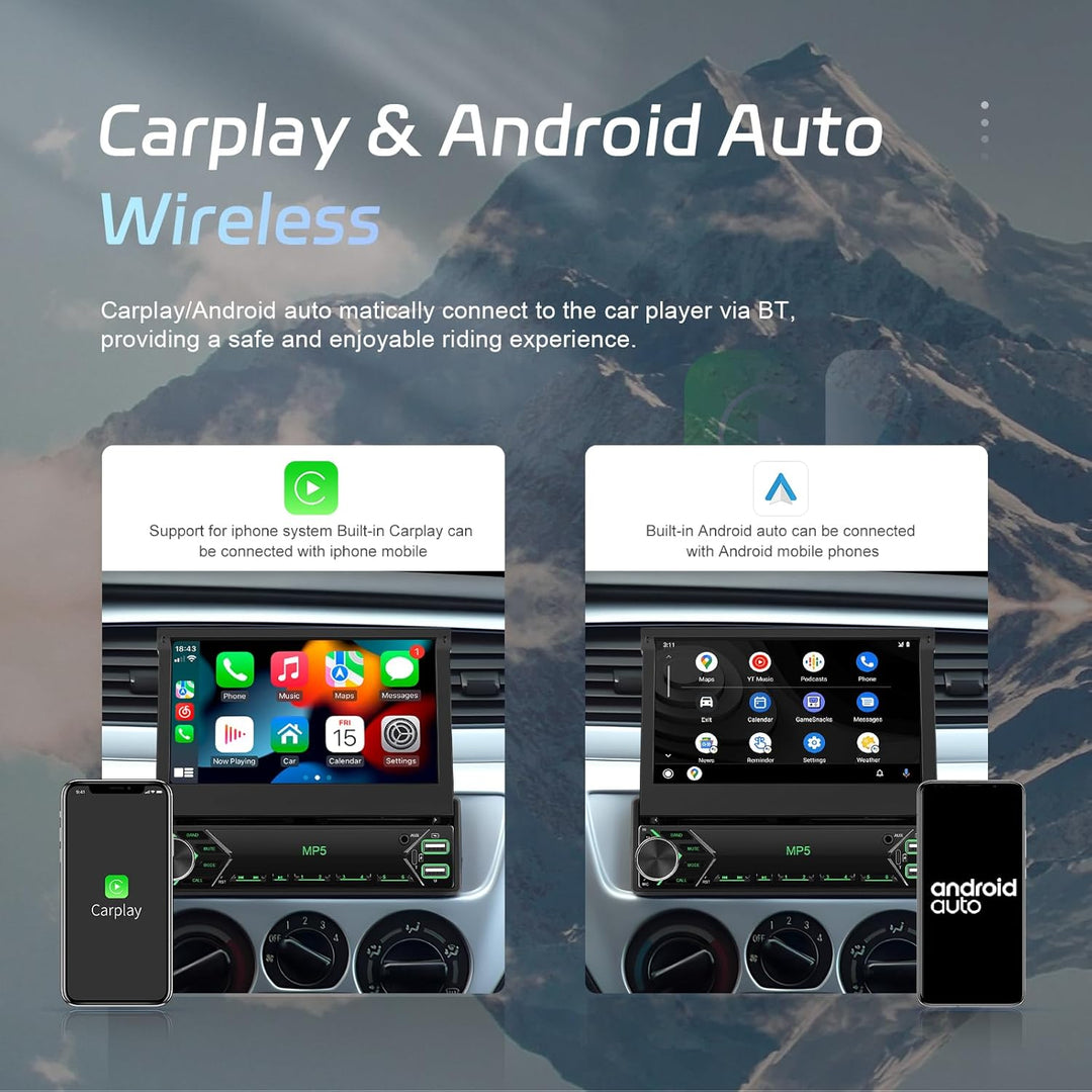 CAMECHO Upgrade Wireless 1 DIN Carplay Android Auto,7 Zoll Motorisiertem Bildschirm Autoradio mit Bl