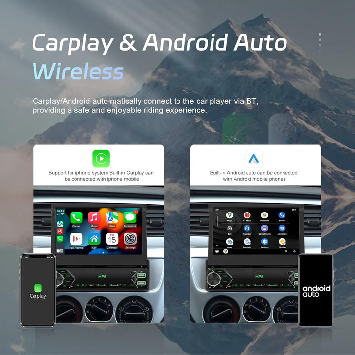 CAMECHO Upgrade Wireless 1 DIN Carplay Android Auto,7 Zoll Motorisiertem Bildschirm Autoradio mit Bl