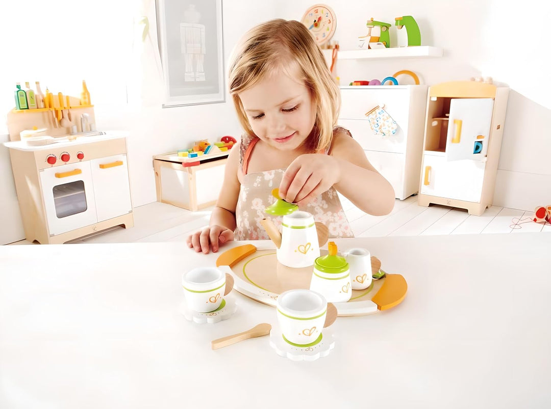 Hape Tea Set for Two Wooden Tea Party Playset , Wooden Pretend Tea Playset for Kids, Kitchen Accesso