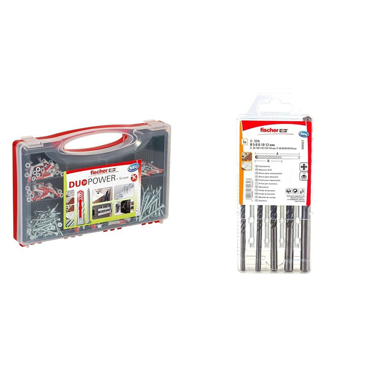 fischer RED-BOX DUOPOWER + Schrauben, Sortimentbox & Steinbohrer Set, 5-12 mm Durchmesser, Aufsätze