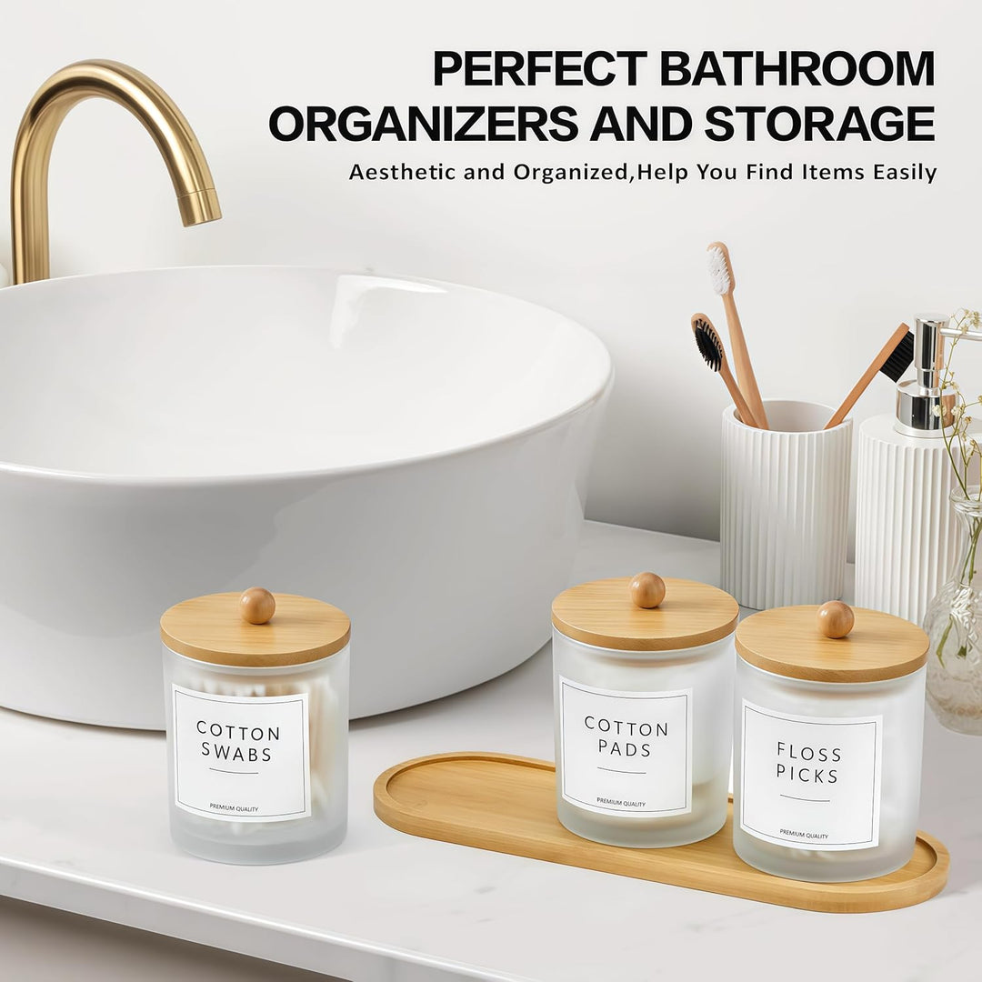 Glas Wattestäbchen Behälter, Schminktisch Badezimmer Organizer Set mit Tablett, Wattepadspender Make