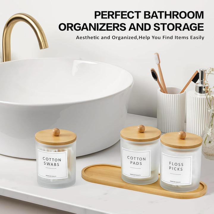 Glas Wattestäbchen Behälter, Schminktisch Badezimmer Organizer Set mit Tablett, Wattepadspender Make