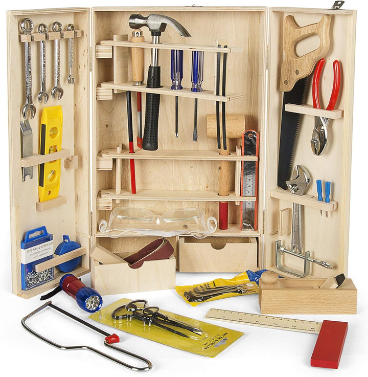 Leomark Deluxe Holz Werkzeug für Kinder - 50-TLG - Werkzeugkasten, Kompakter Werkzeugkoffer, Holzsch