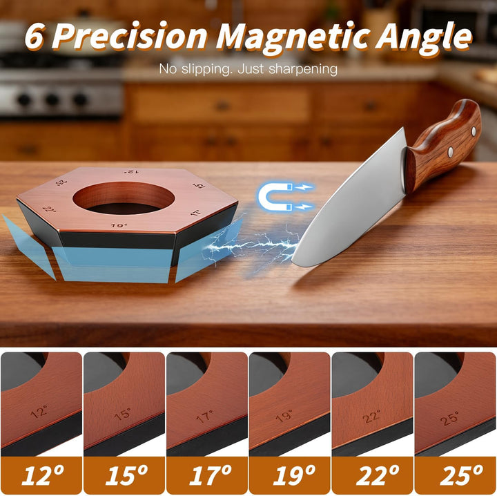 Rollschleifer Messerschärfer mit 6 Magnetwinkeln (12°/15°/17°/19°/22°/25°), 4 Diamant-Schärfklingen