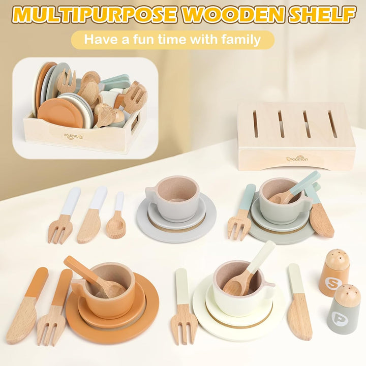Dreamon Kinderküche Zubehör Teeservice Kinder Holz, 27 PCS Puppengeschirr Kinderküche Spielküche Zub