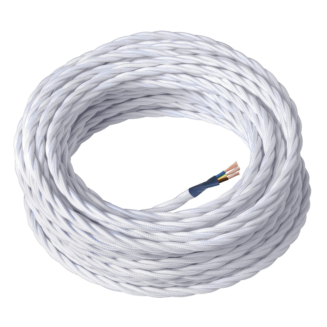 Amarcords - Textilkabel für Lampen WEISS, geflochten, Seide, 3 Meter, mit Erdung 3x0,75 - Stoffkabel