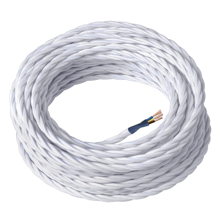 Amarcords - Textilkabel für Lampen WEISS, geflochten, Seide, 3 Meter, mit Erdung 3x0,75 - Stoffkabel