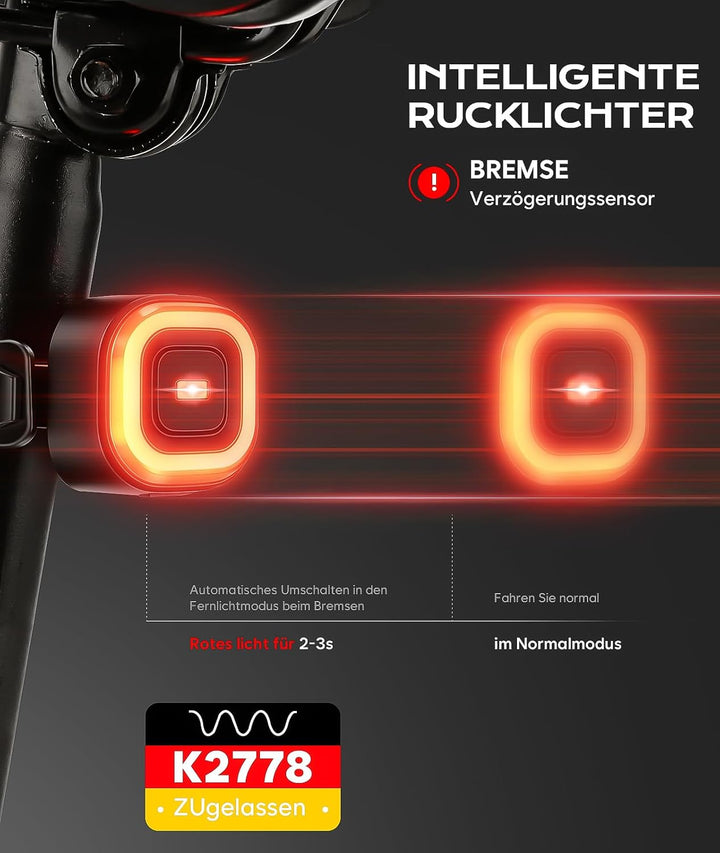 Fahrradlicht Set, LED Fahrradbeleuchtung Set mit Smart Bremslichtfunktion Rücklicht, StVZO-zugelasse